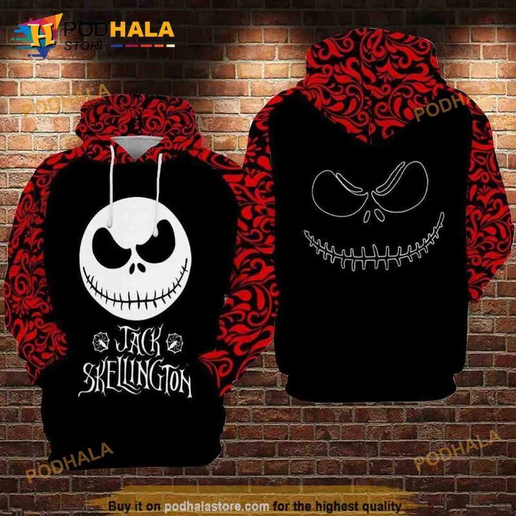Spooky Jack Skellington 3d Hoodie With Black Background And Red Swirls