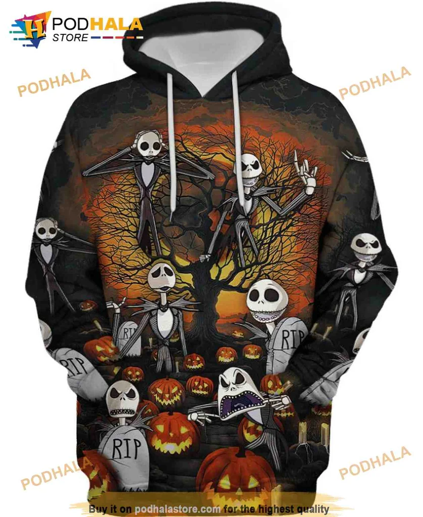 Spooky Jack Skellington 3d Hoodie With Pumpkin Graveyard Design