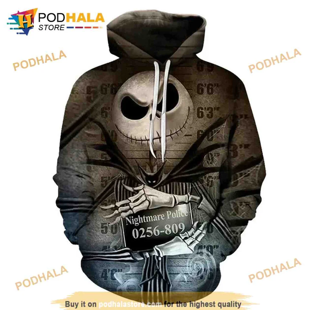 Spooky Jack Skellington Mug Shot Hoodie Featuring Eerie Police Design