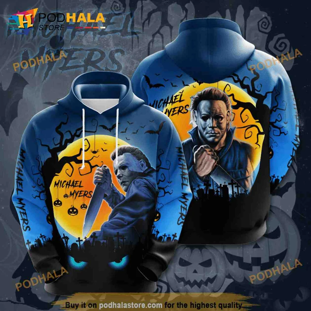 Spooky Michael Myers 3d Hoodie With Menacing Knife And Ominous Moon Design