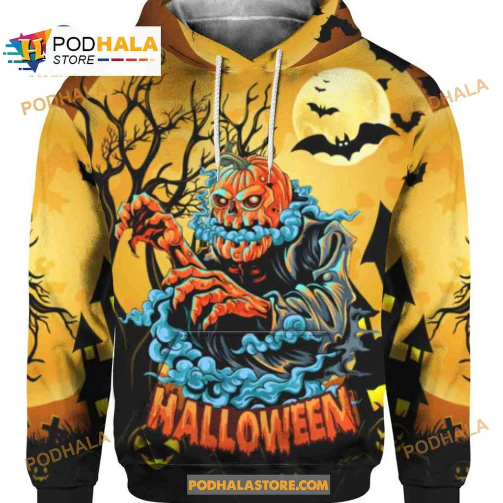 Spooky Pumpkin Head 3d Hoodie With Sinister Grin And Eerie Halloween Scene