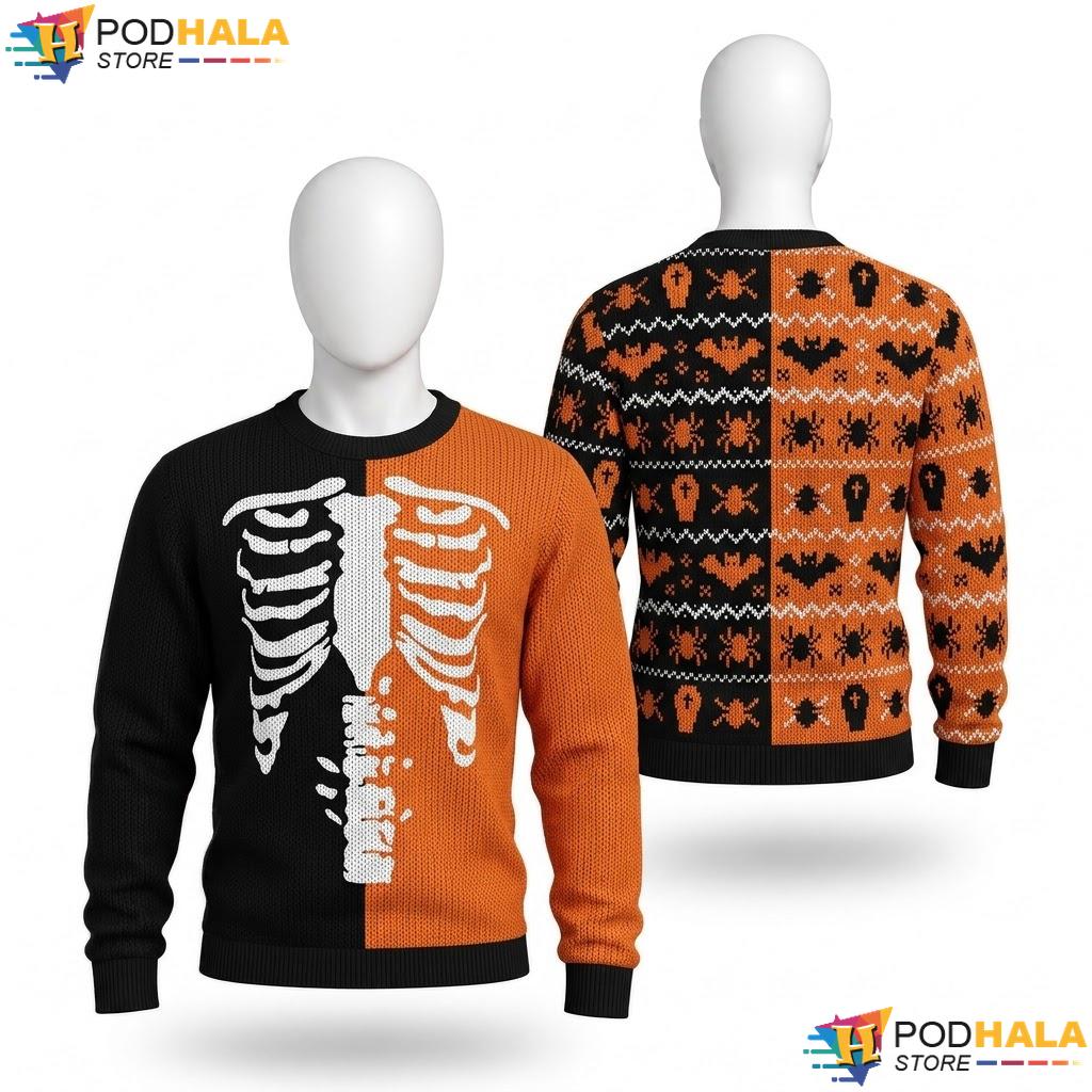 Spooky Skeleton Black Orange Ugly Sweater Halloween Novelty Mens Top