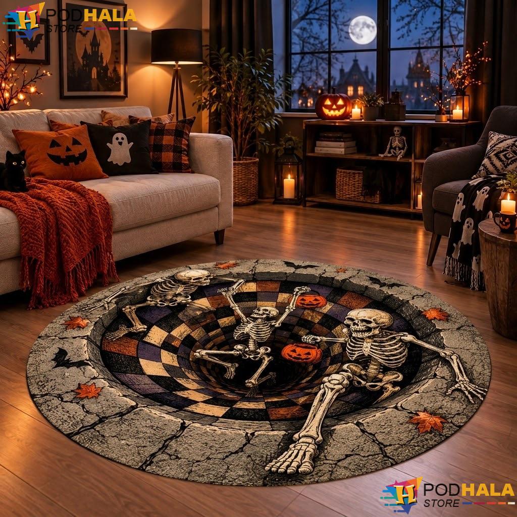 Spooky Skeleton Pit Halloween Round Area Rug 3D Pumpkin Illusion Decor