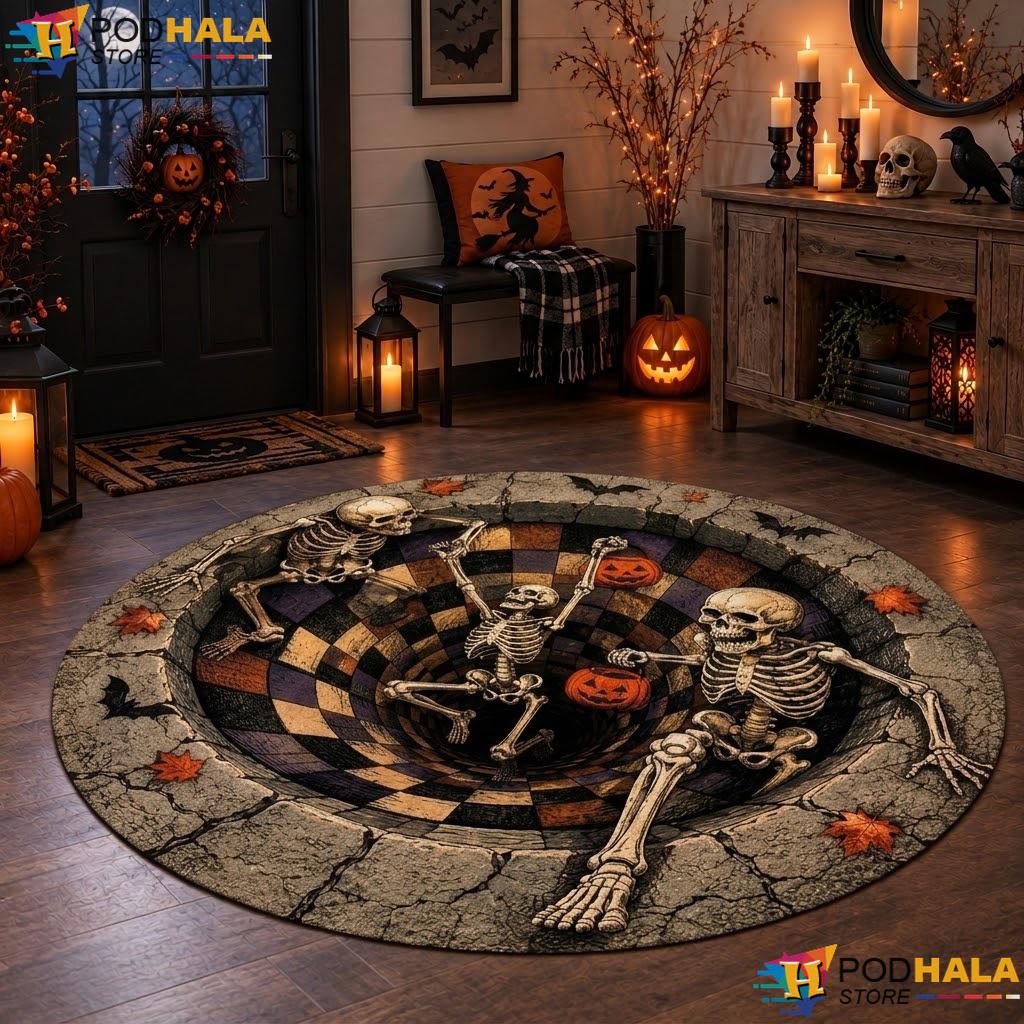 Spooky Skeleton Pit Halloween Round Area Rug 3D Pumpkin Illusion Decor - View 1 Spooky Skeleton Pit Halloween Round Area Rug 3D Pumpkin Illusion Decor - View 1
