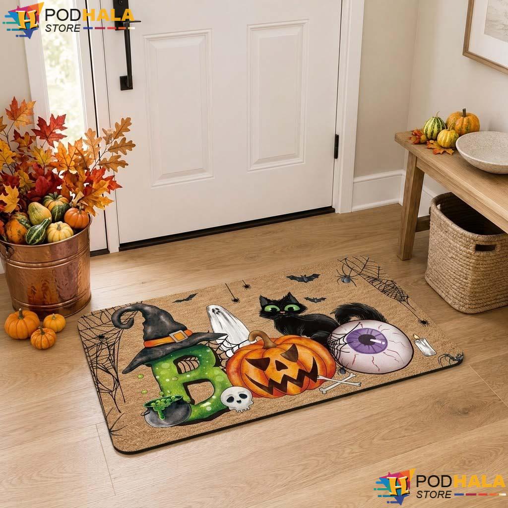 Spooky Witch Hat Doormat Black Cat Pumpkin Halloween Welcome Entry Rug