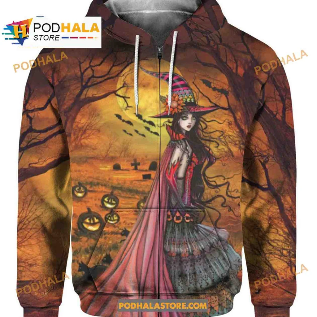 Spooky Witch Pumpkin 3d Hoodie Featuring Glowing Moon And Bats