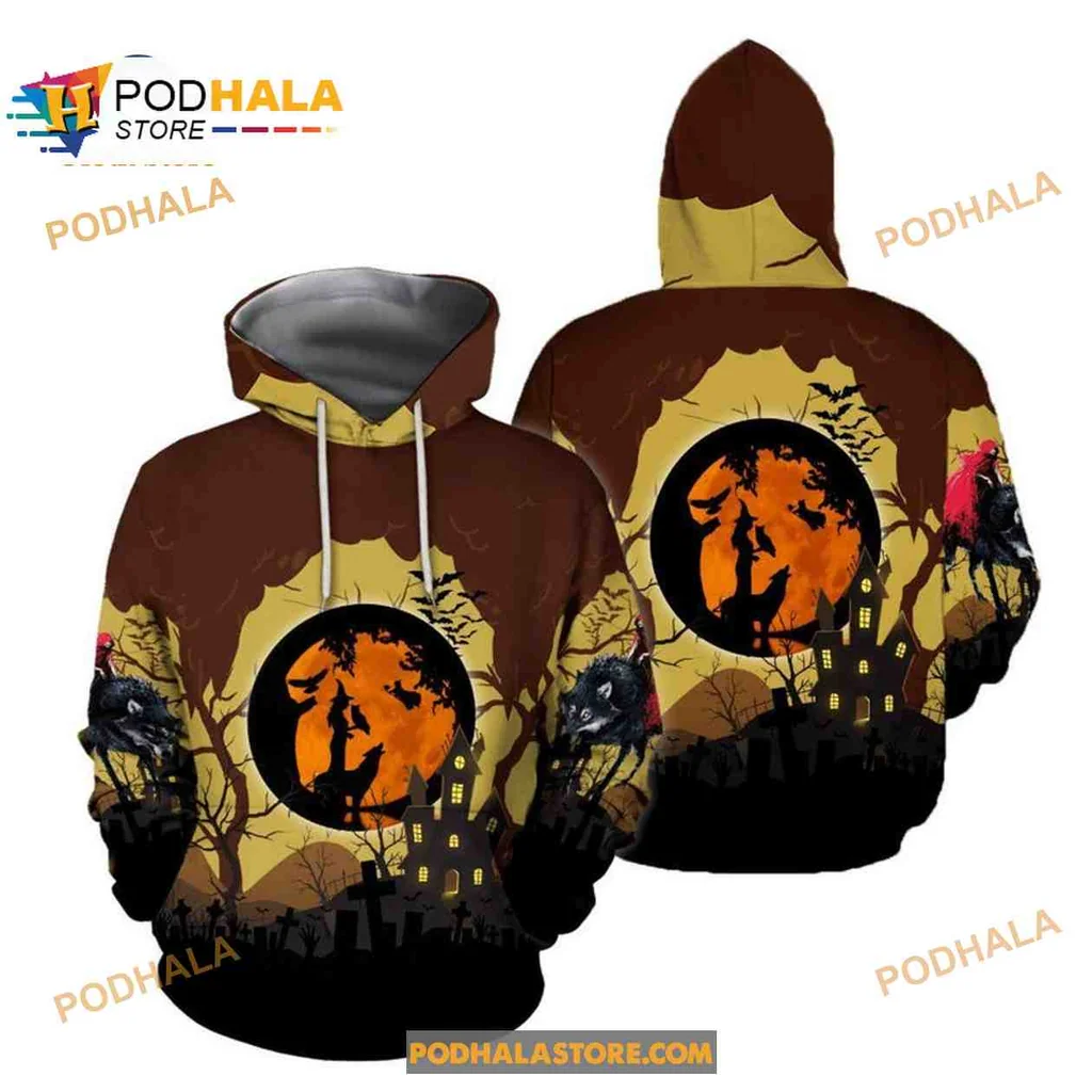 Spooky Wolf And Witch 3d Hoodie With Glowing Moon Design