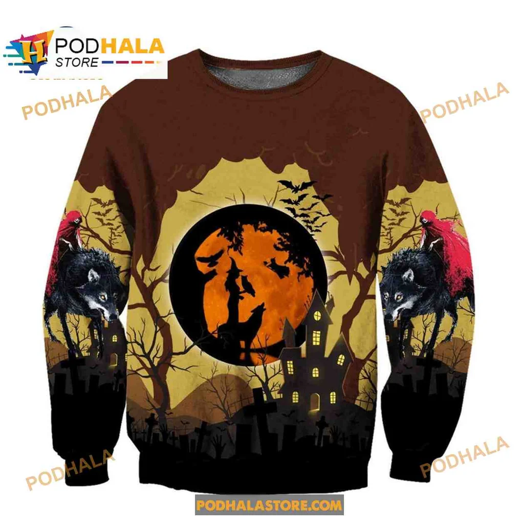 Spooky Wolf And Witch All Over Print Hoodie With Glowing Moon Design Spooky Wolf And Witch All Over Print Hoodie With Glowing Moon Design