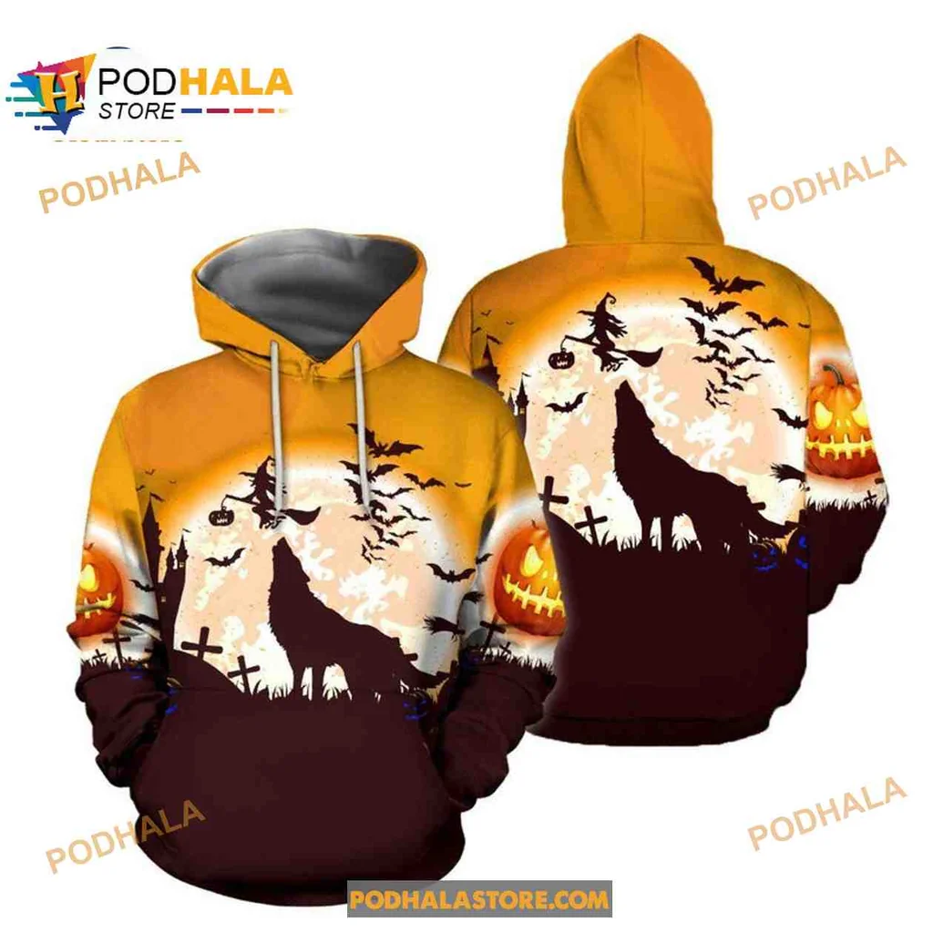 Spooky Wolf Halloween 3d Hoodie With Glowing Moon And Jack O Lanterns