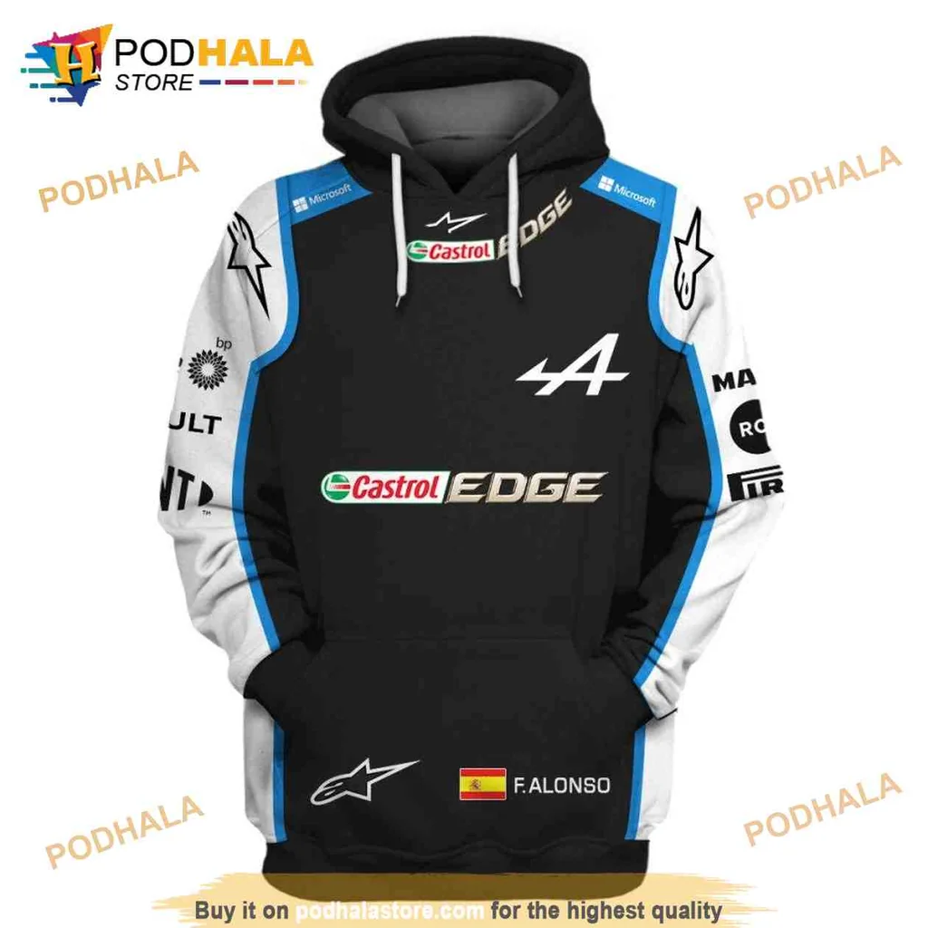 Sporty Alpine F1 Team 3d Hoodie Featuring Fernando Alonso And Castrol Edge