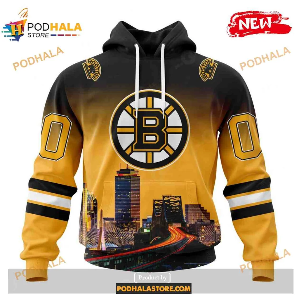 Sporty Boston Bruins Cityscape 3d Hoodie With Iconic Logo And Sunset Design