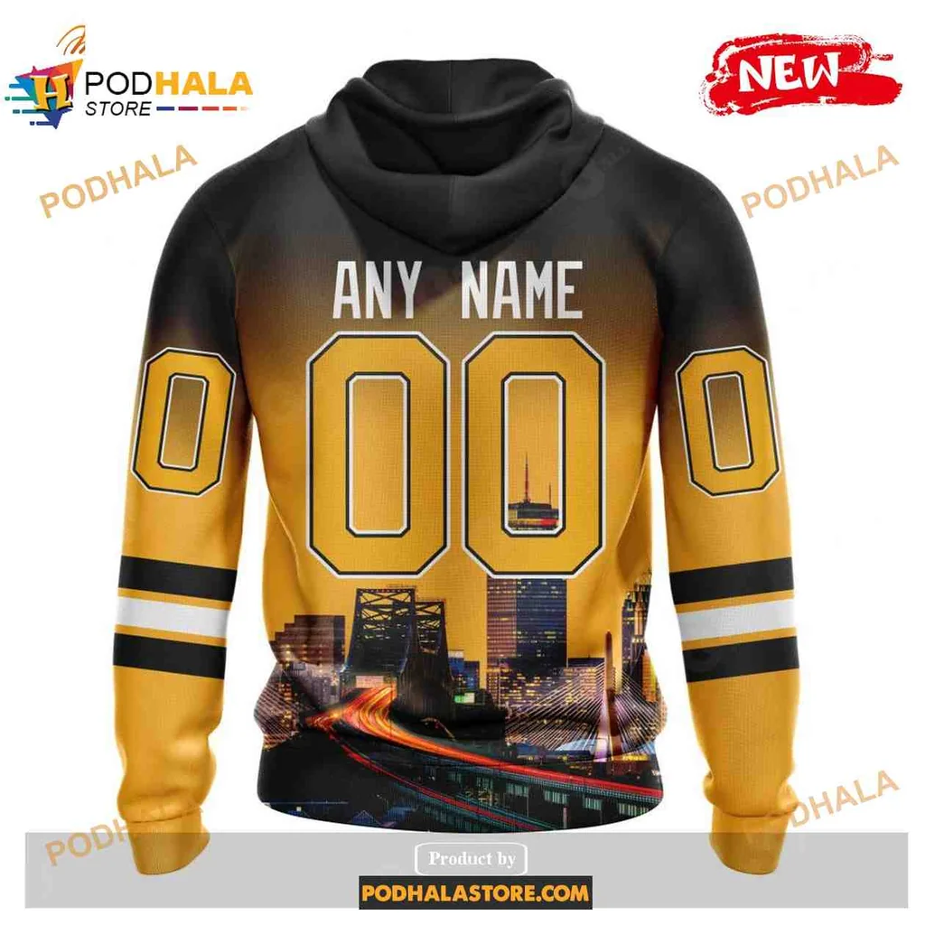 Sporty Boston Bruins Cityscape All Over Print Hoodie With Iconic Logo And Sunset Design Sporty Boston Bruins Cityscape All Over Print Hoodie With Iconic Logo And Sunset Design