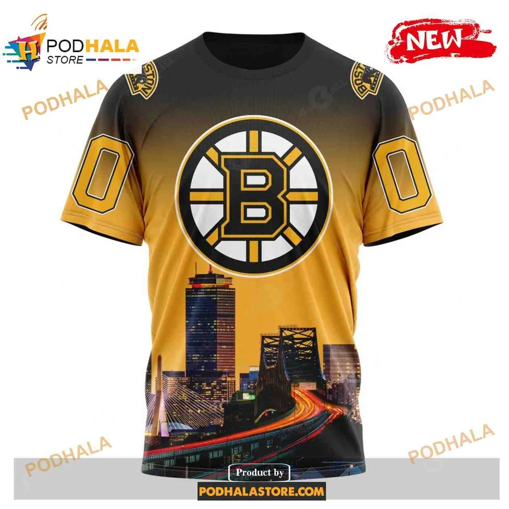 Sporty Boston Bruins Cityscape AOP Hoodie With Iconic Logo And Sunset Design Sporty Boston Bruins Cityscape AOP Hoodie With Iconic Logo And Sunset Design