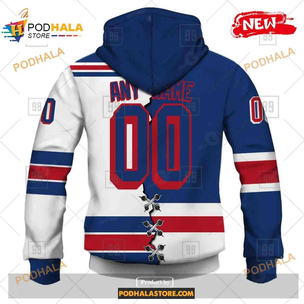 Sporty New York Rangers AOP Hoodie With Bold Red Rangers Text And Stripes Sporty New York Rangers AOP Hoodie With Bold Red Rangers Text And Stripes