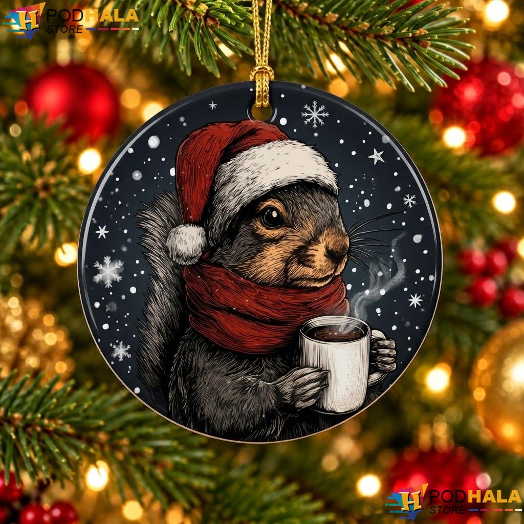 Squirrel Santa Hat Christmas Ornament Coffee Lover Funny Holiday Decor
