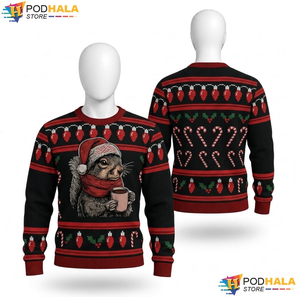 Squirrel Santa Hat Coffee Lover Christmas Sweater Funny Winter Top