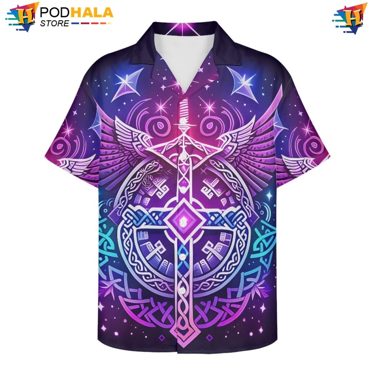 Starry Cross Aloha Shirt Mens Norse Mythology Graphic Island Vibe Outfit