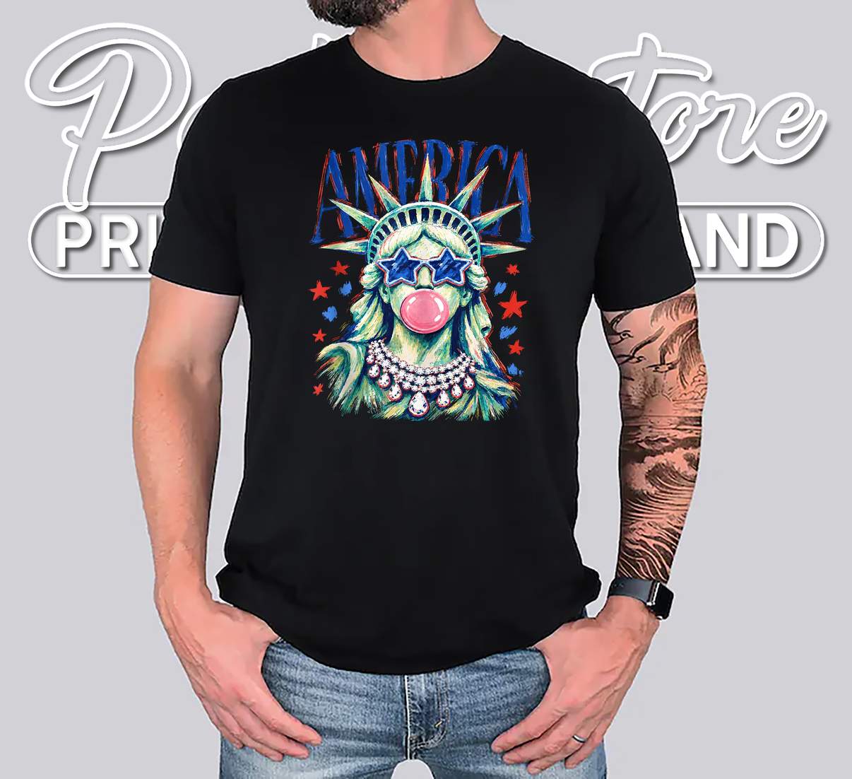 Statue Of Liberty Blowing Bubble Gum Tank Top Brushstroke Fourth July - View 2 Statue Of Liberty Blowing Bubble Gum Tank Top Brushstroke Fourth July - View 2