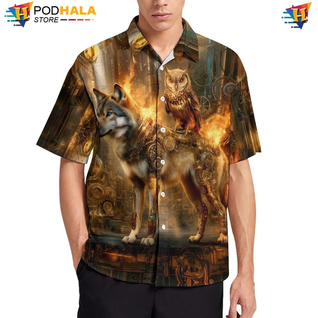 Steampunk Wolf Owl Hawaiian Shirt Mens Cool Print Casual Graphic Vacation