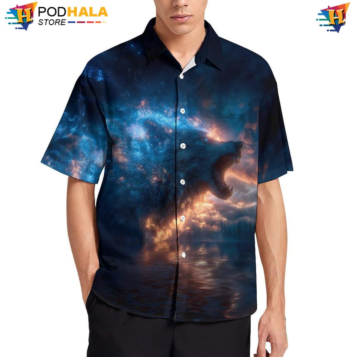 Storm Roar Wolf Aloha Shirt Mens Cool Print Casual Graphic Beach Festival Top
