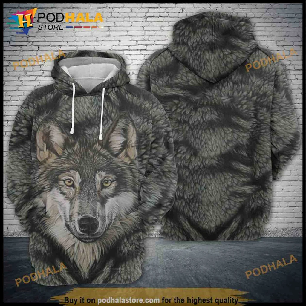 Striking Wolf Face 3d Hoodie With Faux Fur Background