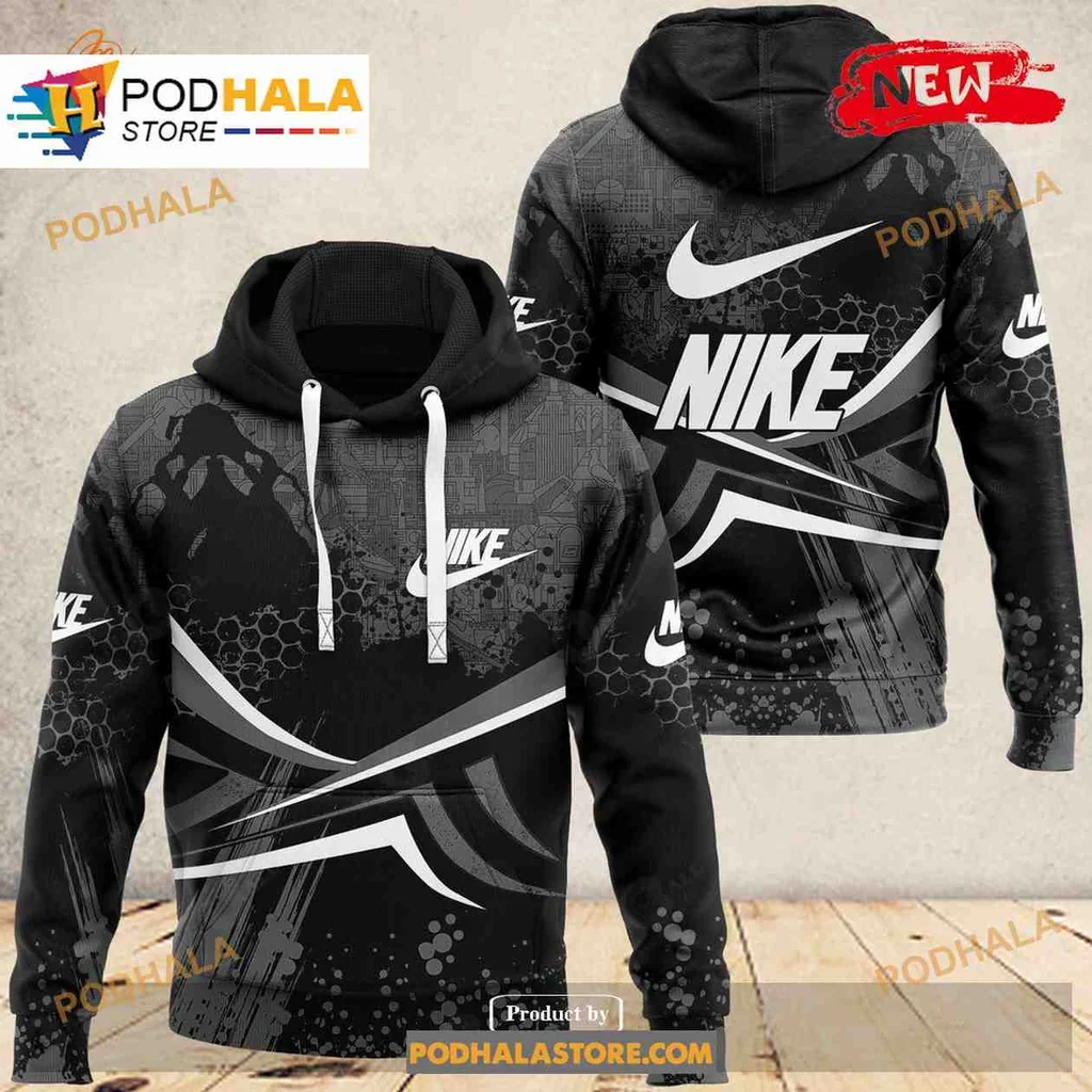 Stylish Black Nike Geometric 3d Hoodie With Abstract Pattern And Logo