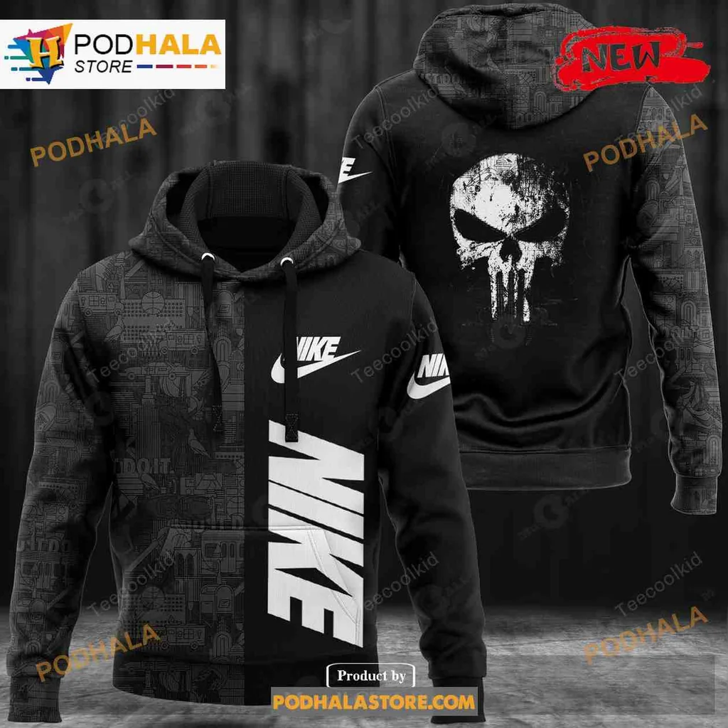 Stylish Black Skull 3d Hoodie Featuring Nike Logo For Edgy Streetwear