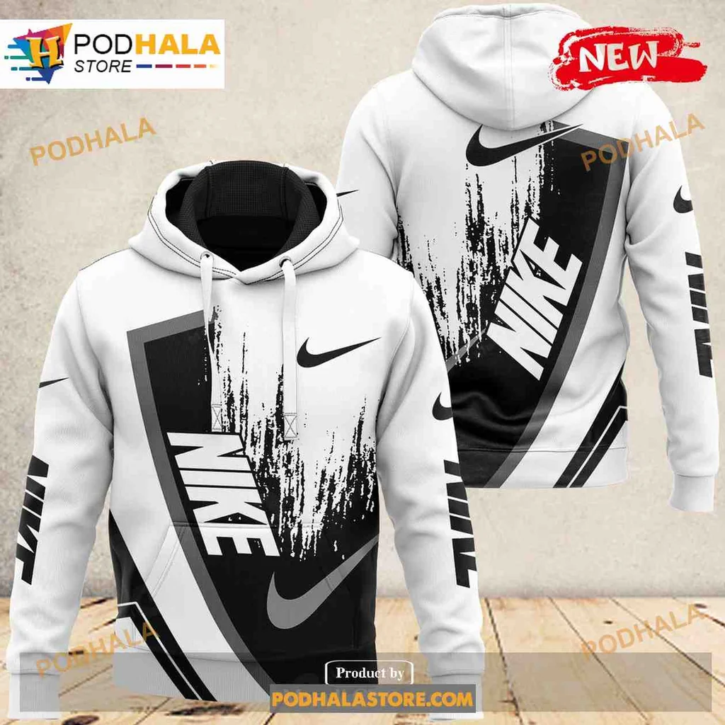 Stylish Black White Nike Logo 3d Hoodie With Dynamic Brushstroke Design