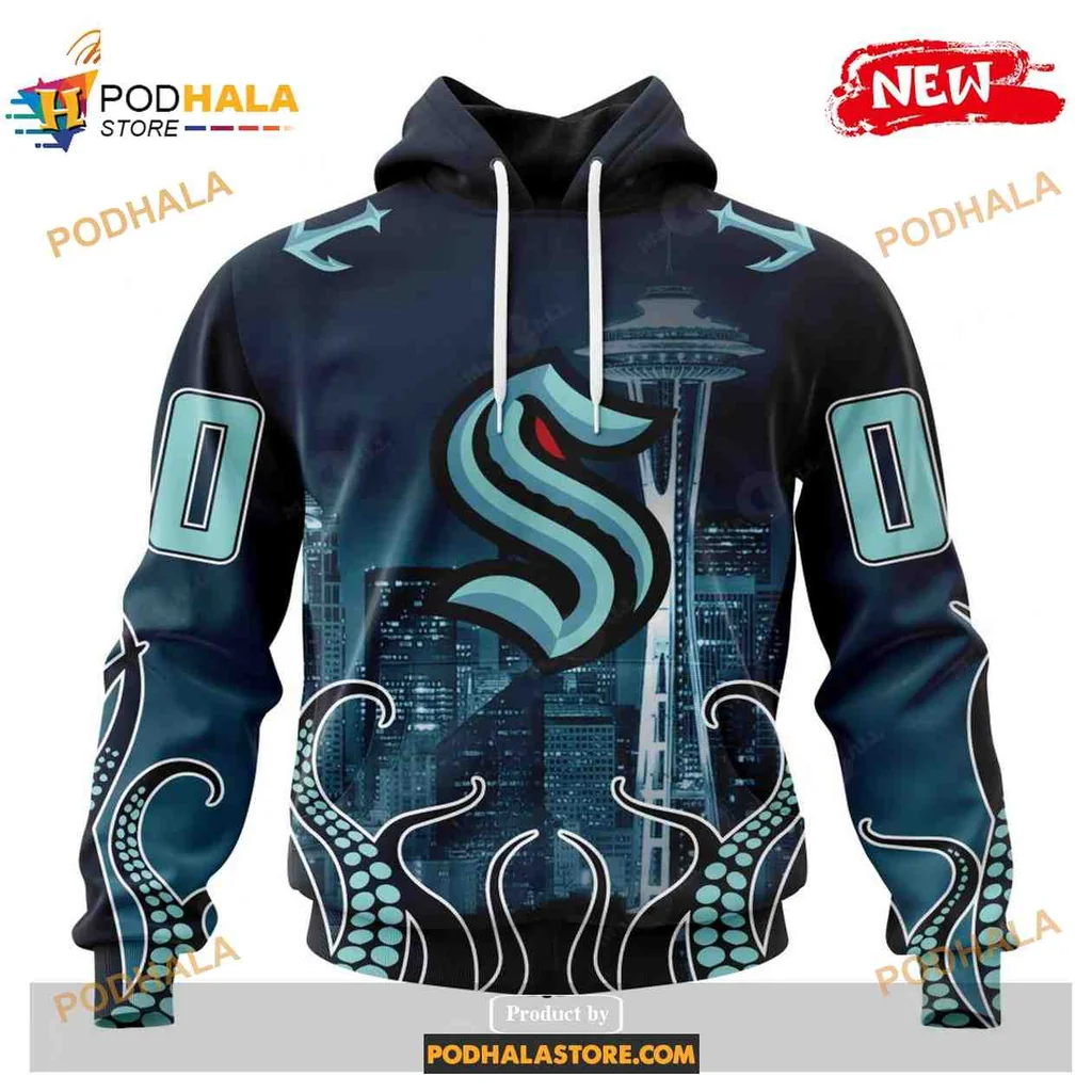 Stylish Seattle Kraken 3d Hoodie Featuring Space Needle And Octopus Design