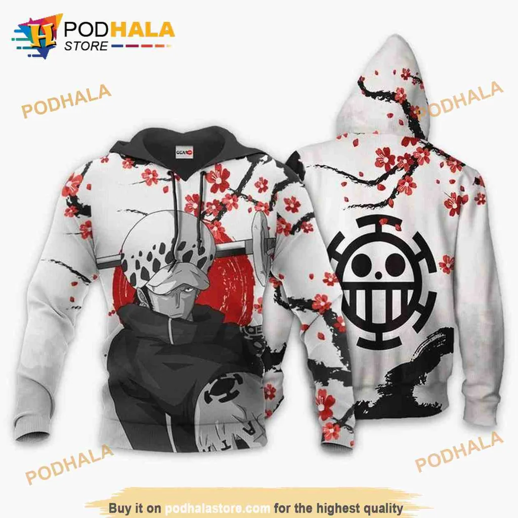 Stylized Trafalgar Law One Piece 3d Hoodie With Cherry Blossom Design