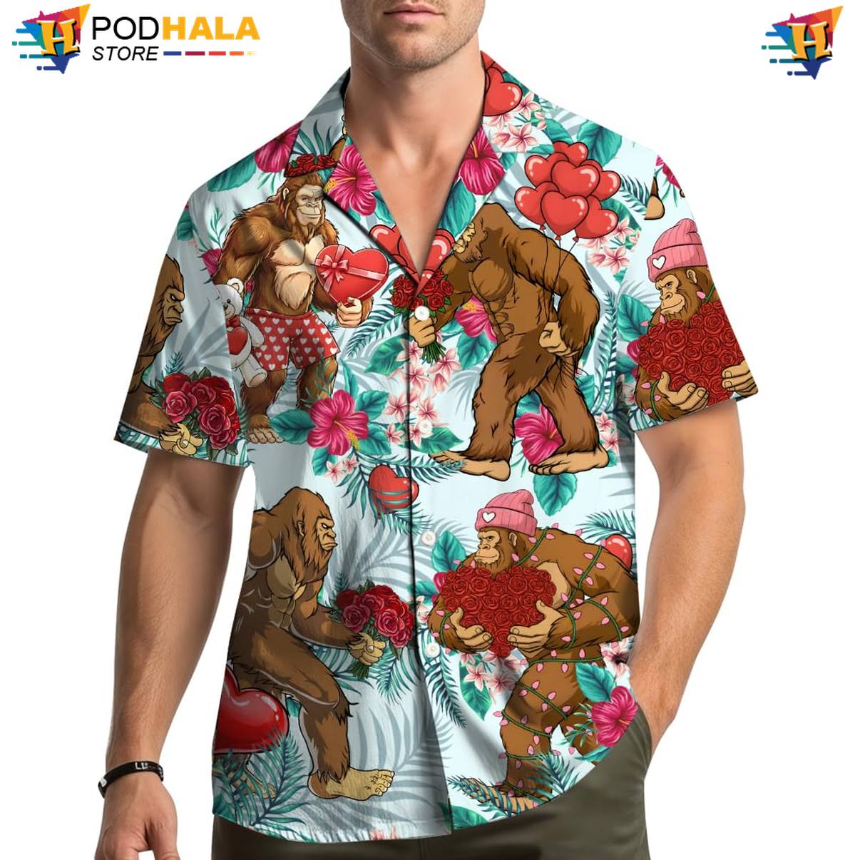 Summer Bigfoot Aloha Shirt Multicolor Mens Short Sleeve Casual Beachwear