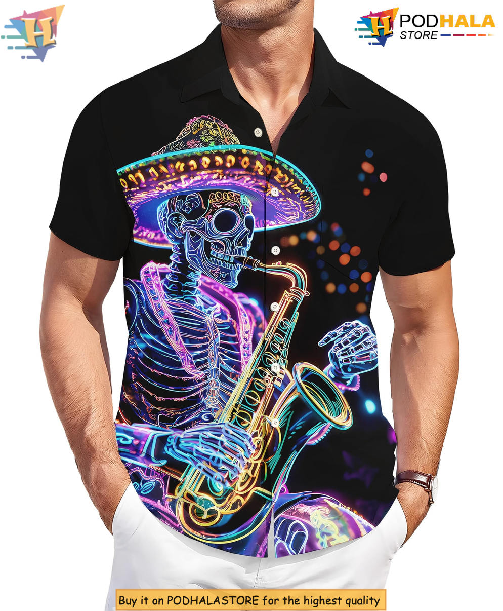 Summer Skeleton Party Hawaiian Shirt 2026 Funny Printed Casual Beach Apparel