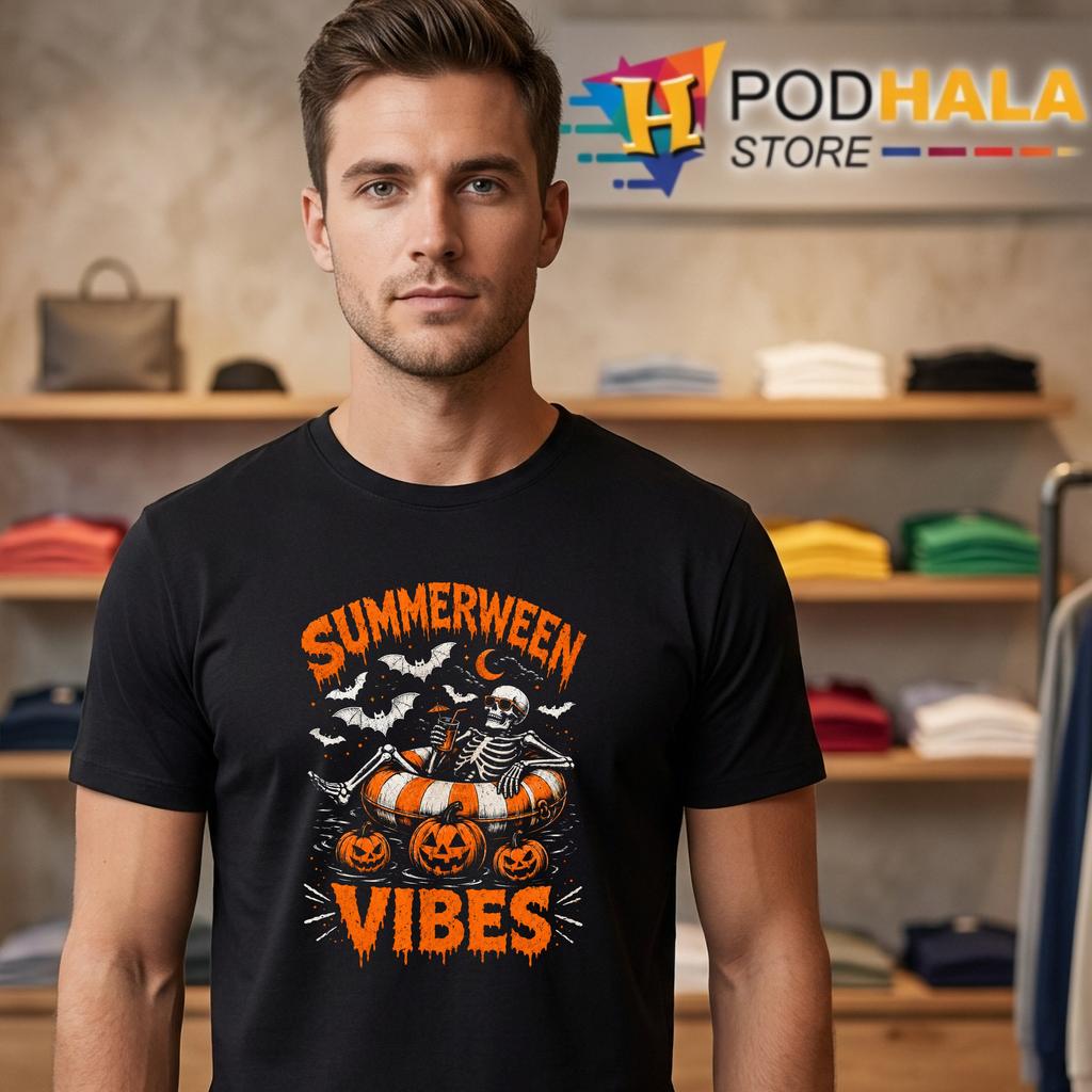 Summerween Vibes Skeleton Tshirt Float Summer Halloween Spooky Beach Graphic Summerween Vibes Skeleton Tshirt Float Summer Halloween Spooky Beach Graphic