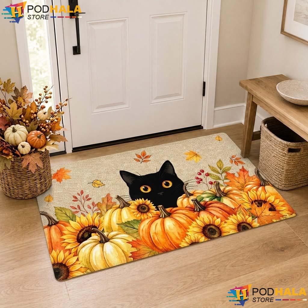 Sunflower Black Cat Doormat Vibrant Fall Pumpkin Playful Entrance Rug Decor