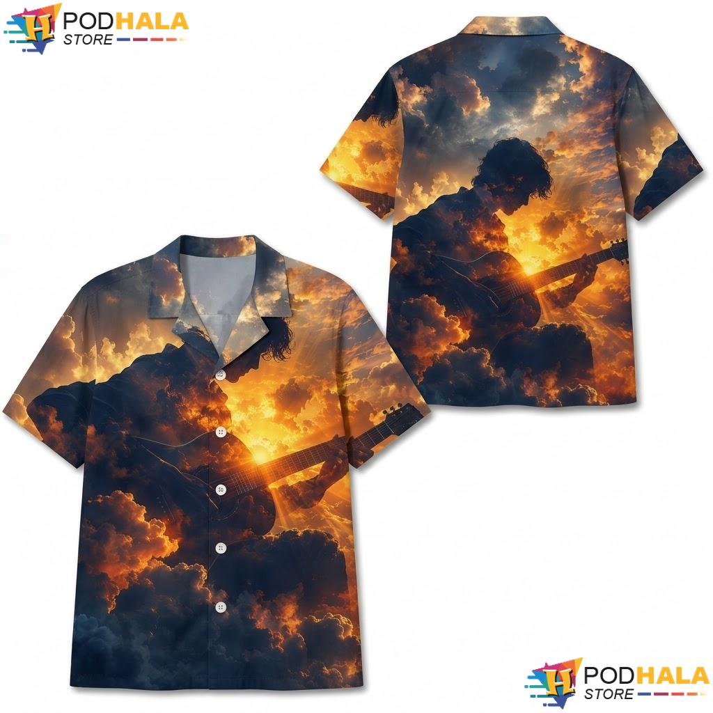 Sunset Acoustic Guitar Hawaiian Shirt Artistic Music Lover Beachwear Top