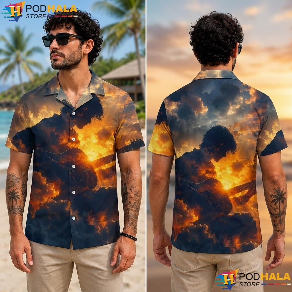 Sunset Acoustic Guitar Aloha Shirt Artistic Music Lover Beachwear Top Sunset Acoustic Guitar Aloha Shirt Artistic Music Lover Beachwear Top