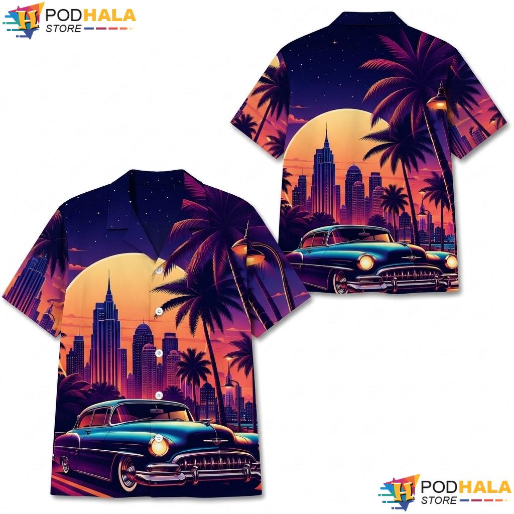 Sunset City Skyline Classic Car Hawaiian Shirt Retro Summer Party Top
