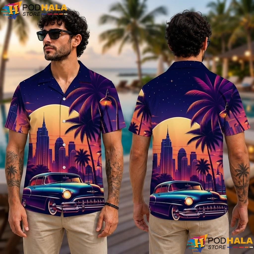Sunset City Skyline Classic Car Aloha Shirt Retro Summer Party Top Sunset City Skyline Classic Car Aloha Shirt Retro Summer Party Top