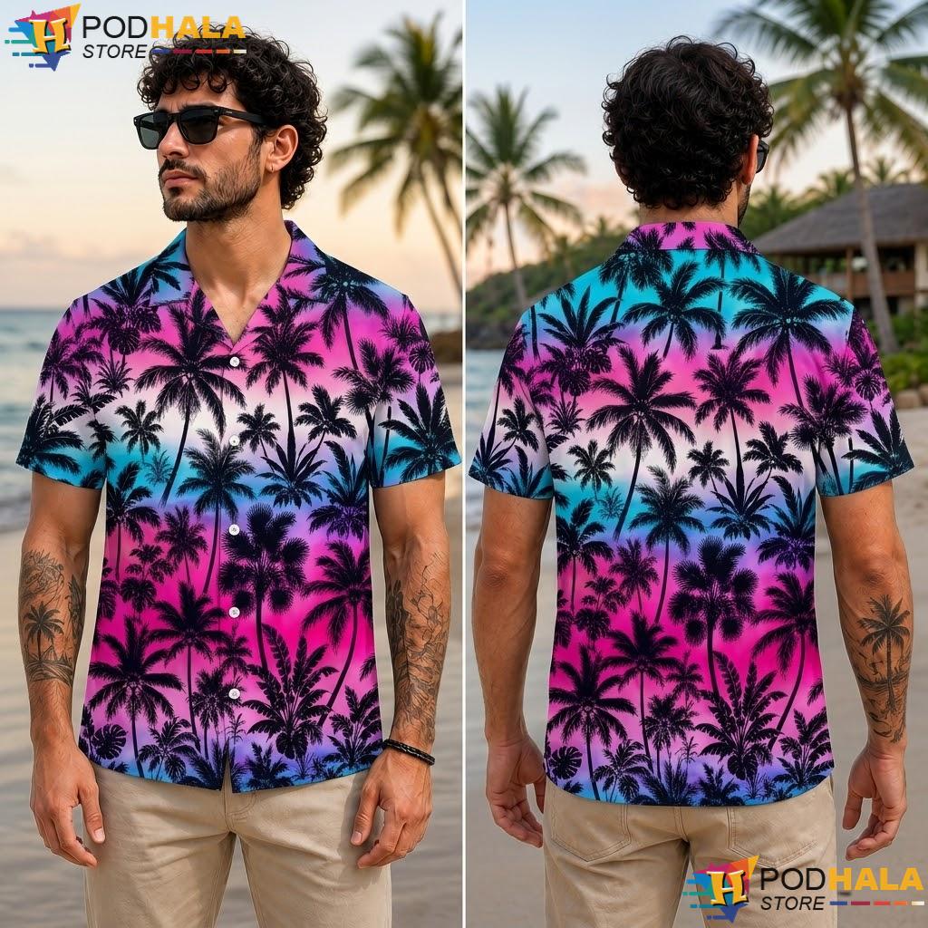 Sunset Gradient Palm Tree Aloha Shirt Vibrant Tropical Beach Top Sunset Gradient Palm Tree Aloha Shirt Vibrant Tropical Beach Top