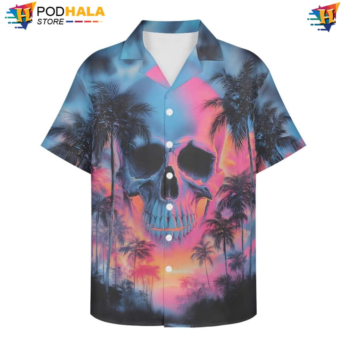 Sunset Palm Skull Hawaiian Shirt Mens Floral Beach Button Down Holiday Top