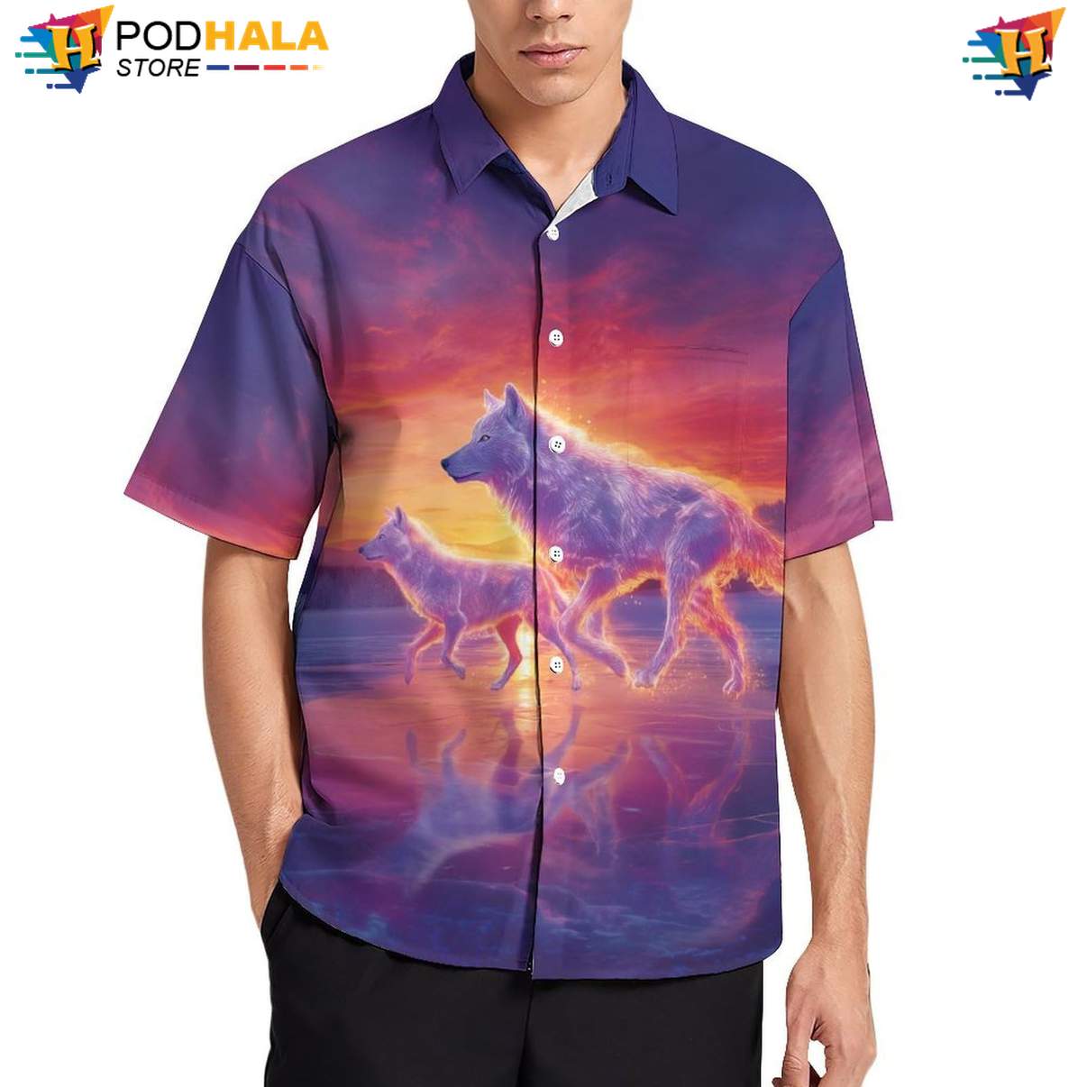 Sunset Wolf Hawaiian Shirt Mens Cool Print Casual Graphic Resort Wear Top