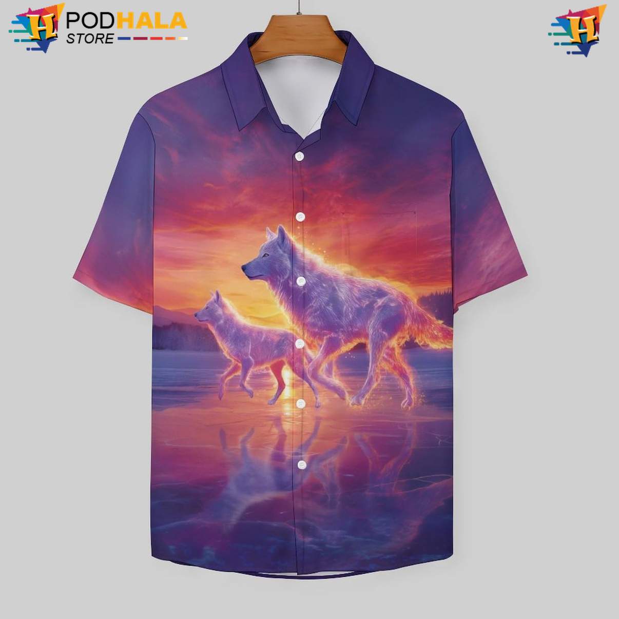 Sunset Wolf Aloha Shirt Mens Cool Print Casual Graphic Resort Wear Top Sunset Wolf Aloha Shirt Mens Cool Print Casual Graphic Resort Wear Top