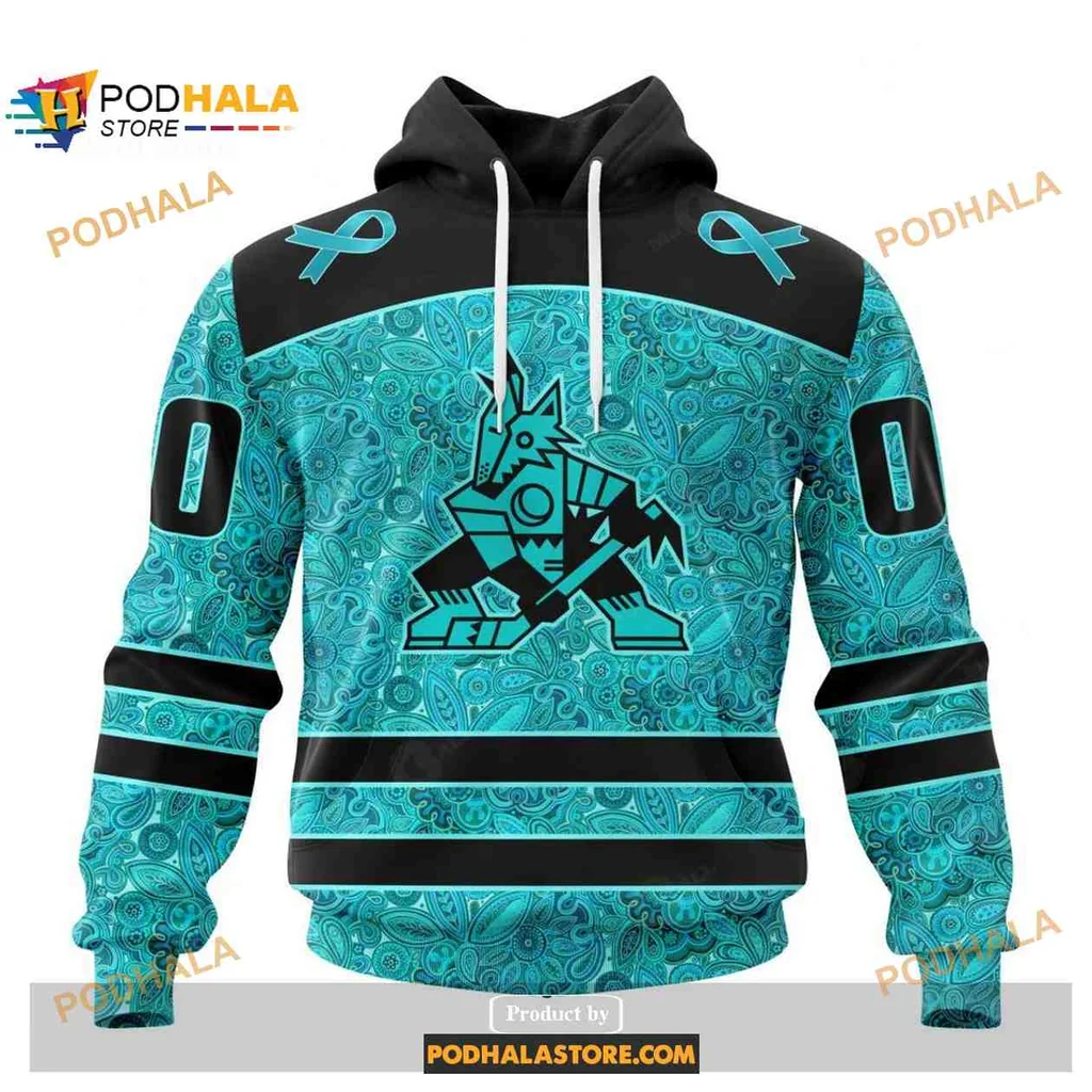 Supportive Arizona Coyotes Cancer Awareness 3d Hoodie With Teal Ribbons Design