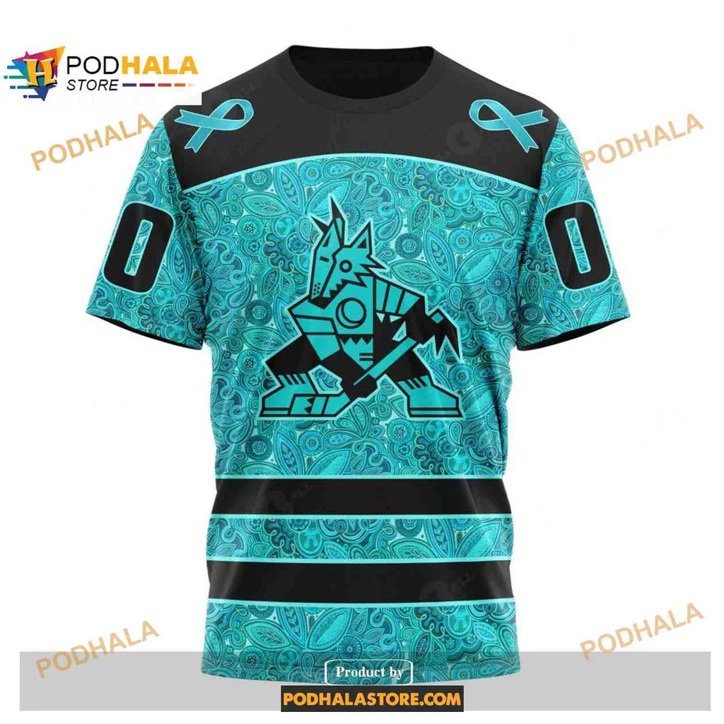 Supportive Arizona Coyotes Cancer Awareness AOP Hoodie With Teal Ribbons Design Supportive Arizona Coyotes Cancer Awareness AOP Hoodie With Teal Ribbons Design