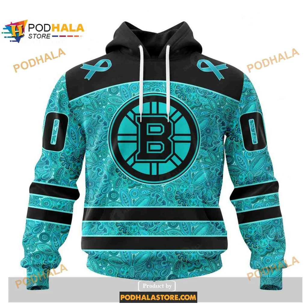 Supportive Boston Bruins Cancer Awareness Hoodie With Vibrant Teal Design