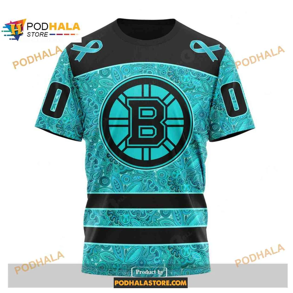 Supportive Boston Bruins Cancer Awareness Hoodie With Vibrant Teal Design - View 2 Supportive Boston Bruins Cancer Awareness Hoodie With Vibrant Teal Design - View 2