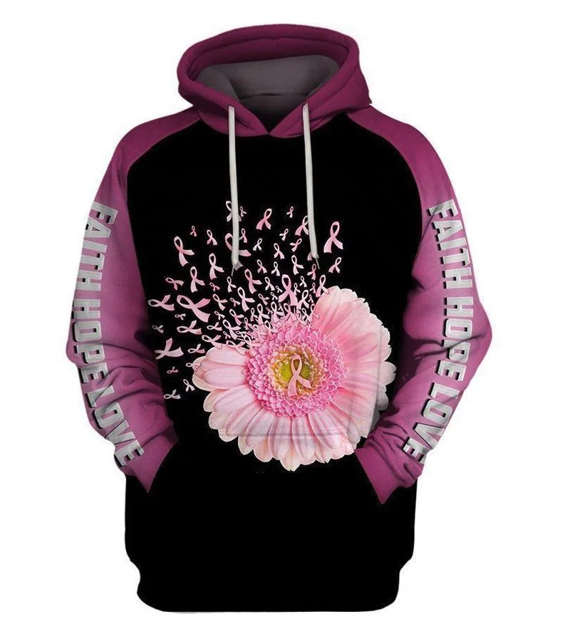 Supportive Breast Cancer Awareness 3d Hoodie With Faith Hope Love Design