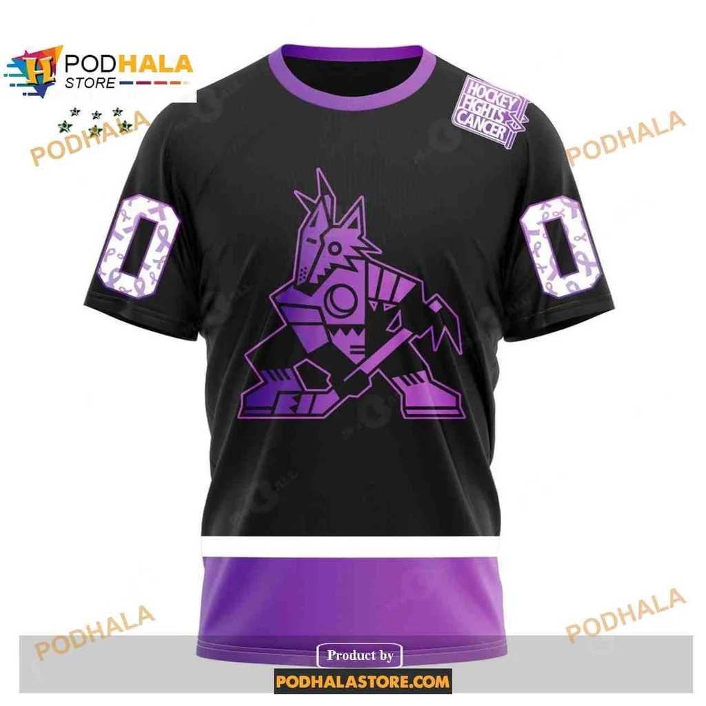 Supportive Cartoon Coyote Hockey AOP Hoodie With Hockey Fights Cancer Design Supportive Cartoon Coyote Hockey AOP Hoodie With Hockey Fights Cancer Design