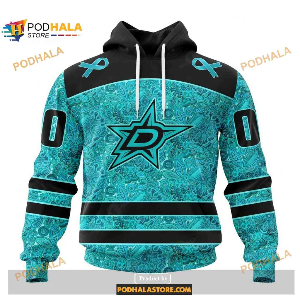 Supportive Dallas Stars Ovarian Cancer Hoodie With Teal Ribbons