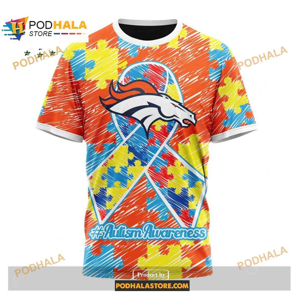 Supportive Denver Broncos Autism Puzzle Hoodie With Colorful Design - View 2 Supportive Denver Broncos Autism Puzzle Hoodie With Colorful Design - View 2